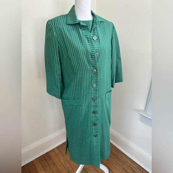Vintage Suzy Perette Green Striped Dress and Overcoat Set size Small - Picture 7 of 11